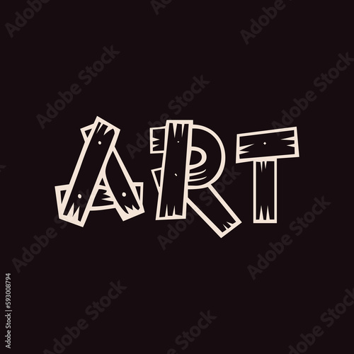 ART Word in a font with wooden plank shapes; Light-colored text on a dark background