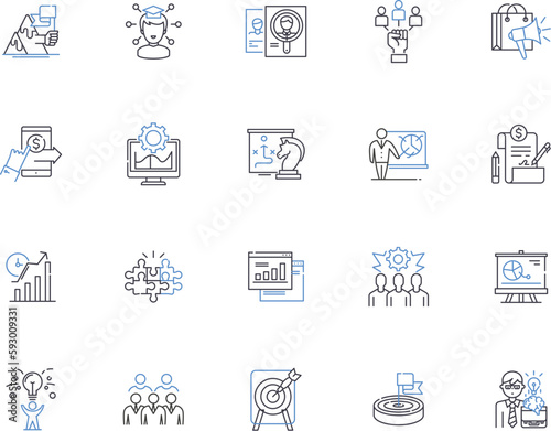 Strategic management outline icons collection. Planning, Decision-making, Organizing, Leadership, Strategy, Analysis, Adaptation vector and illustration concept set. Implementation,Forecasting