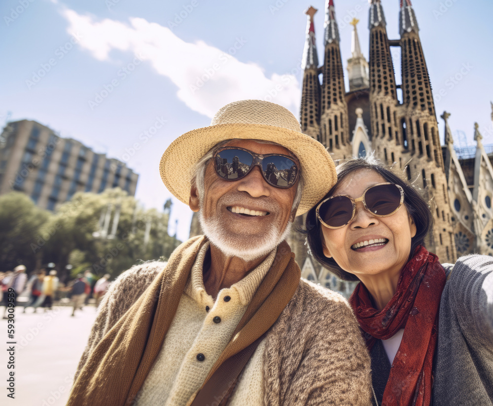 Cute beautiful old couple in love taking a photo of themselves in front of a cityscape of Barcelona. Generative AI