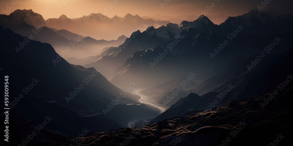 View of the Himalayas during a foggy sunset night - Mt Everest visible through the fog, Generative Ai