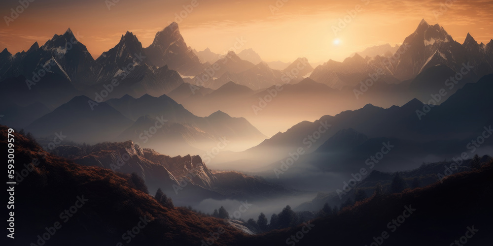 View of the Himalayas during a foggy sunset night - Mt Everest visible through the fog, Generative Ai View of the Himalayas during a foggy sunset night - Mt Everest visible through the fog, Generative Ai