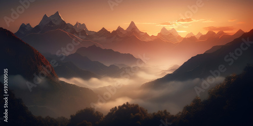 View of the Himalayas during a foggy sunset night - Mt Everest visible through the fog, Generative Ai