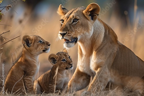 attentive mother lion with her two cubs in the grass created with Generative AI technology