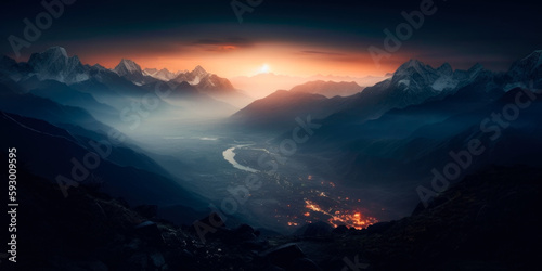 View of the Himalayas during a foggy sunset night - Mt Everest visible through the fog, Generative Ai