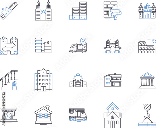 Real Estate Technology outline icons collection. Realty, Technological, Proptech, Innovation, Automation, AI, Analytics vector and illustration concept set. Digital, Platforms, Net linear signs