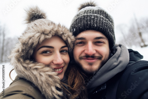 Attractive beautiful young couple in love taking a photo of themselves in front of winter landscape. Generative AI