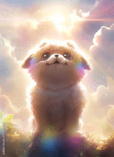 Cute little dog looks admiringly at the sky. Funny fluffy puppy on the background of clouds and sun. Cartoon fairy-tale character. 3D illustration