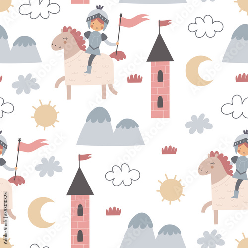 Seamless pattern with cartoon knights, castle, decorative elements. Flat style colorful vector illustration for kids. hand drawing. baby design for fabric, textile, print, wrapper.