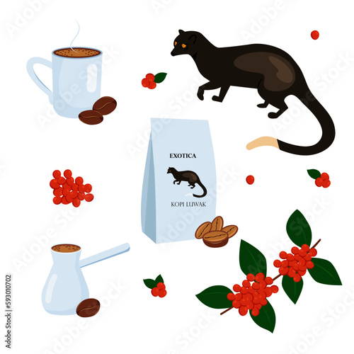 Traditional kopi luwak coffee.  Luwak coffee logo vector for your brand label,cafe or shop.