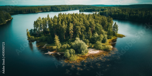 Aerial view of blue water lake and green summer woods in Finland. wallpaper, Generative Ai © Landscape Planet