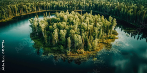 Aerial view of blue water lake and green summer woods in Finland. wallpaper, Generative Ai © Landscape Planet