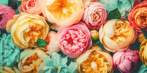 Fototapeta Naklejka Na Ścianę i Meble -  Colorful peony and roses flowers. Floral background. AI Generated