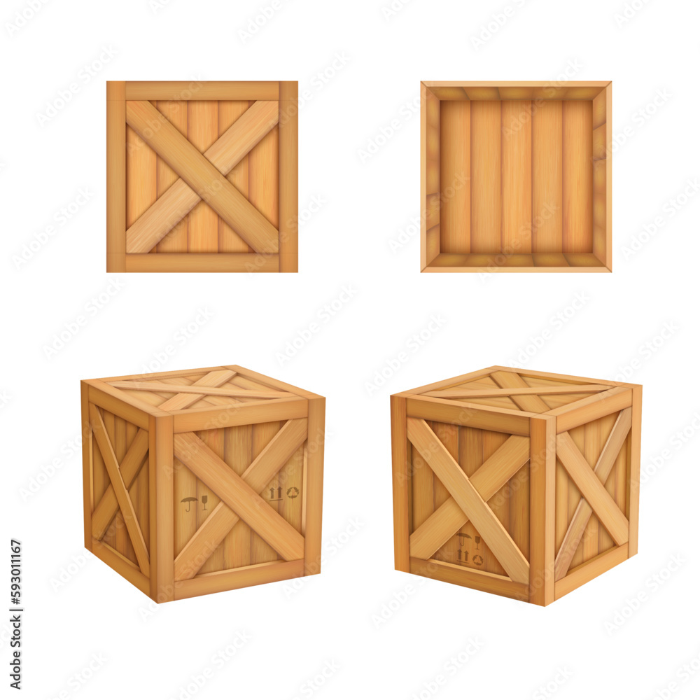 Open wooden box. Realistic wood crate. Empty container for gift or cargo. Brown moving board for freight. Top or side view. Shipping packaging. Vector isolated square storage packages set Open wooden box. Realistic wood crate. Empty container for gift or cargo. Brown moving board for freight. Top or side view. Shipping packaging. Vector isolated square storage packages set