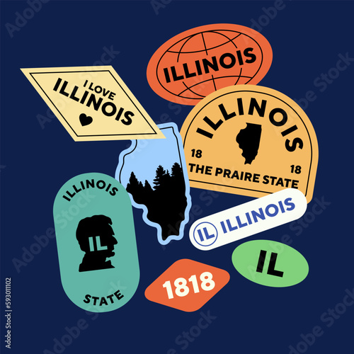 Sticker Pack. Collection of trendy pins. Set of cool patches vector design. Illinois retro badges.