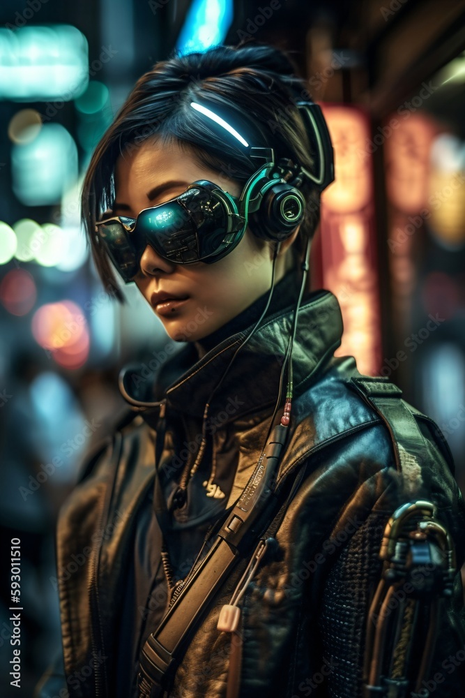 asian woman in a black leather jacket with futuristic glasses created with Generative AI technology