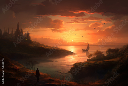 an idealised romantic dramatic matte painting of a sunset, Generative Ai photo