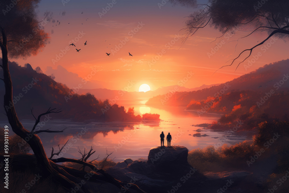 an idealised romantic dramatic matte painting of a sunset, Generative Ai an idealised romantic dramatic matte painting of a sunset, Generative Ai