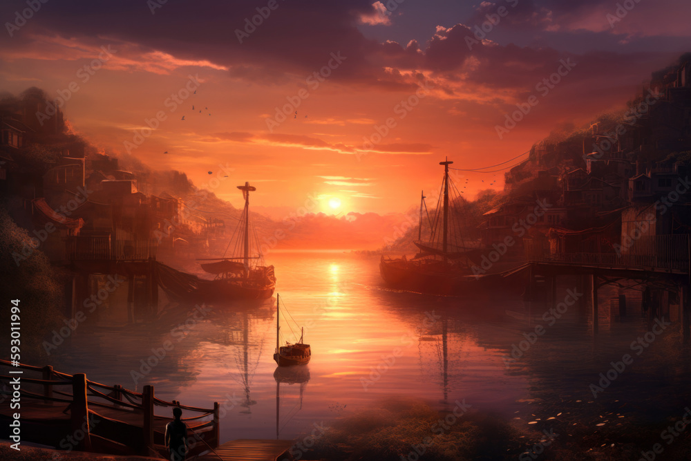 Naklejka premium an idealised romantic dramatic matte painting of a sunset, Generative Ai