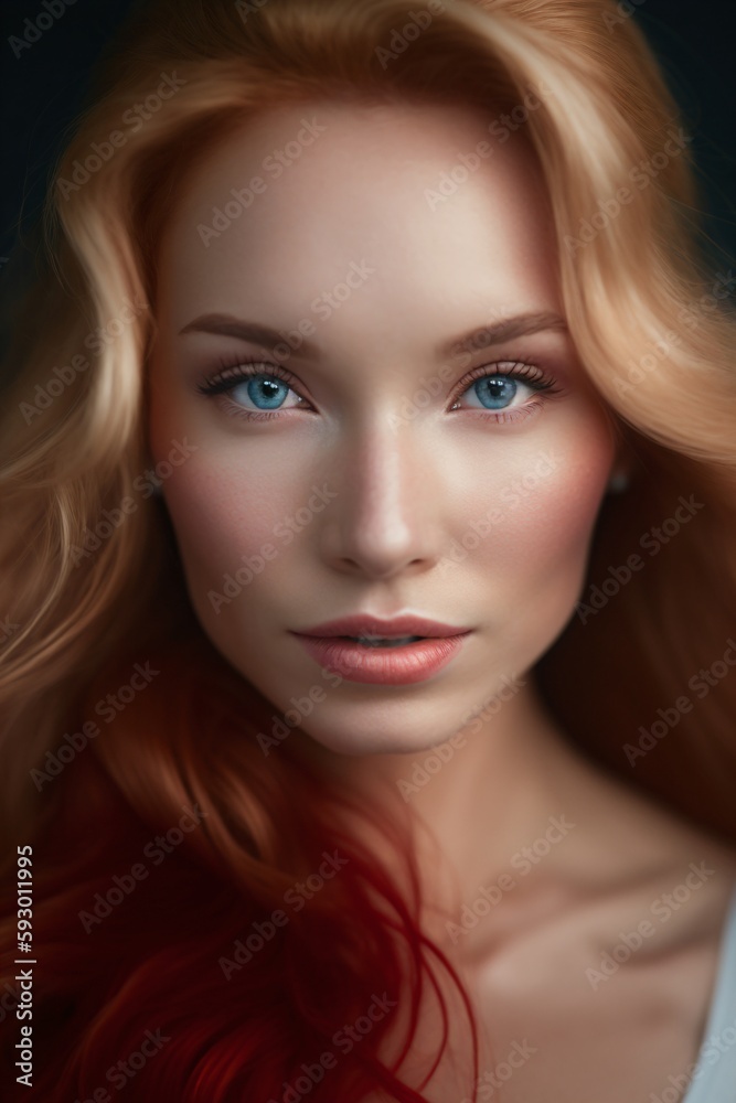 beautiful young woman with bright blue eyes and long red blond hair created with Generative AI technology beautiful young woman with bright blue eyes and long red blond hair created with Generative AI technology