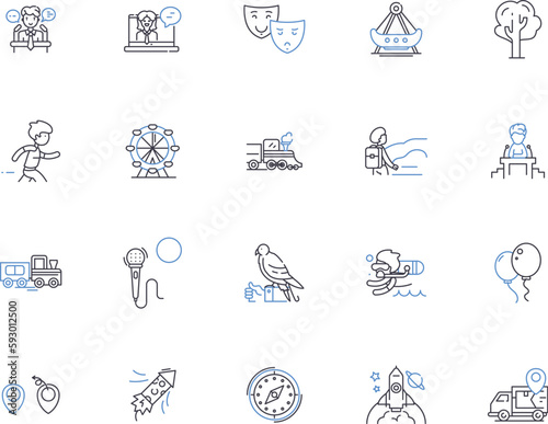 Budget travel outline icons collection. Cheap, Budget, Affordable, Frugal, Economic, Thrifty, Low-cost vector and illustration concept set. Discounted, Sightseeing, Touring linear signs