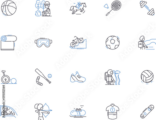 Sport equipment outline icons collection. Racket, Shoes, Gloves, Balls, Uniform, Locker, Racquets vector and illustration concept set. Bat, Pads, Helmet linear signs
