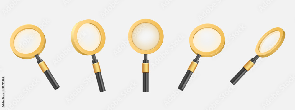 3D realistic magnifier lens. Minimal details. Transparency magnifying glass. Search tool. Analyze monitoring or research. View angles. Magnification equipment. Vector lupa icons set
