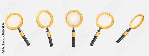 3D realistic magnifier lens. Minimal details. Transparency magnifying glass. Search tool. Analyze monitoring or research. View angles. Magnification equipment. Vector lupa icons set