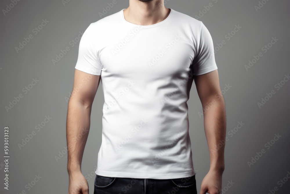 White man model wearing a plain white short sleeved t-shirt, isolated on a blank background. Mock-up, torso only. Generative AI illustration. White man model wearing a plain white short sleeved t-shirt, isolated on a blank background. Mock-up, torso only. Generative AI illustration.