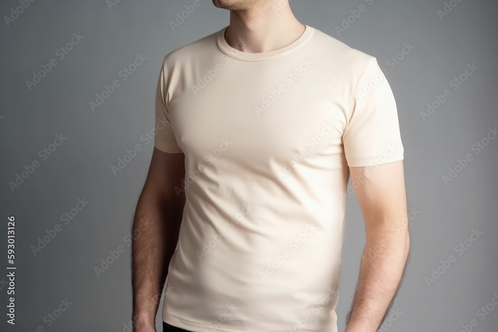 White man model wearing a plain creme short sleeved t-shirt, isolated on a blank background. Mock-up, torso only. Generative AI illustration. White man model wearing a plain creme short sleeved t-shirt, isolated on a blank background. Mock-up, torso only. Generative AI illustration.