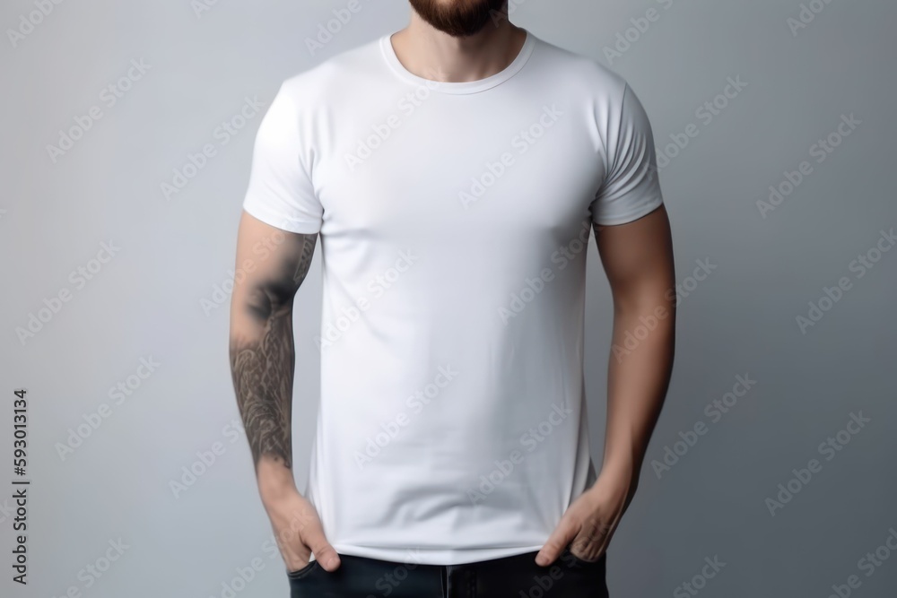 White man model wearing a plain white short sleeved t-shirt, isolated on a blank background. Mock-up, torso only. Generative AI illustration. White man model wearing a plain white short sleeved t-shirt, isolated on a blank background. Mock-up, torso only. Generative AI illustration.