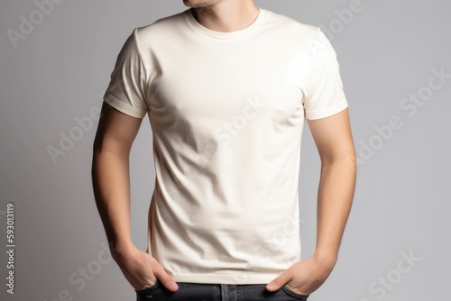 White man model wearing a plain creme short sleeved t-shirt, isolated on a blank background. Mock-up, torso only. Generative AI illustration.