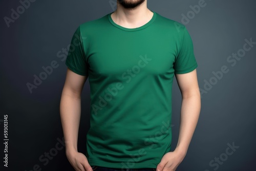 White man model wearing a plain green short sleeved t-shirt, isolated on a blank background. Mock-up, torso only. Generative AI illustration.