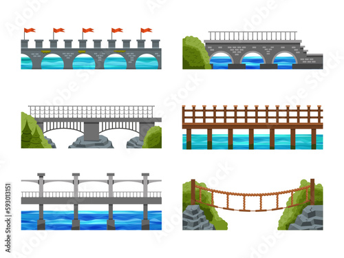 Bridges across river water. Isometric metal arch in city. Travel road landscape. Trees and building constructions. Stone and wood footbridges. Vector illustration scenery elements set