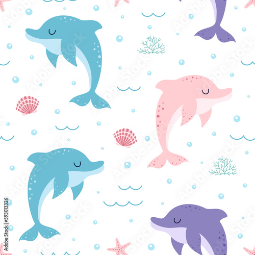 vector seamless pattern with dolphins and seaweed