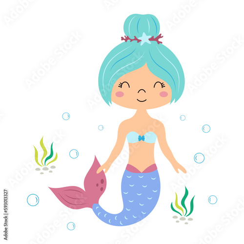 flat vector illustration of cartoon cute mermaid