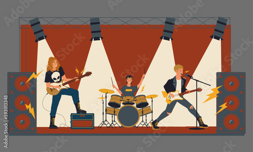 Rock concert. Metal band playing live music on stage illuminated with spotlights. Youth musical festival. Cartoon flat style people singing with microphone. Vector modern musicians concept