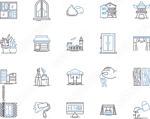 Home furniture outline icons collection. Sofa, Bed, Table, Chair, Couch, Mattress, Chest vector and illustration concept set. Wardrobe, Stool, Bookshelf linear signs