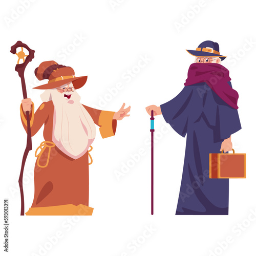 Cartoon wizards. Cute magical characters in robes with magic stick. Men with silver beard and hat. Funny mystery persons isolated. Sorcerer and alchemist. Fairytale witchcraft vector mascots
