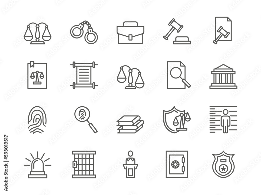 Legal line symbols. Law authority icons. Judgement investigation. Lawfulness badge. Handshake and judges gavel signs. Attorneys briefcase. Vector illustration outline pictograms set Legal line symbols. Law authority icons. Judgement investigation. Lawfulness badge. Handshake and judges gavel signs. Attorneys briefcase. Vector illustration outline pictograms set