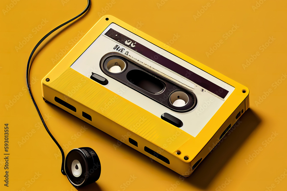 Classic tape cassette with earphone on yellow background. Generative Ai