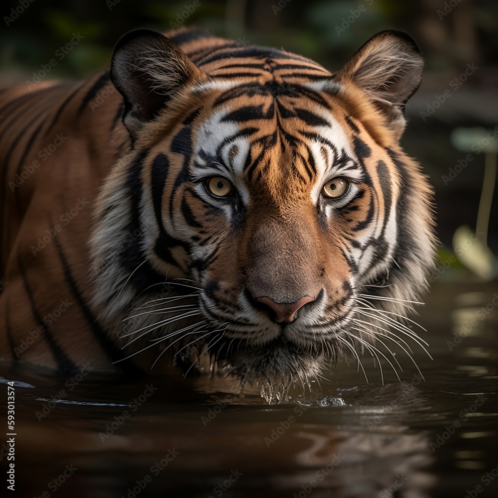 powerful-tiger-crosses-over-water-in-jungle. AI Generated.