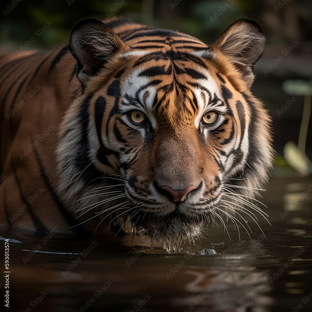 Obraz premium powerful-tiger-crosses-over-water-in-jungle. AI Generated.