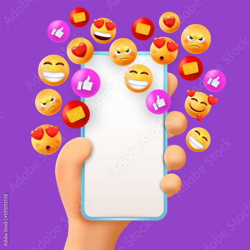 3d hand hold smartphone with smiling emoji. Likes for social media profile, network online messages, socialisation group, emoticons for webmedia. Icons on screen. Vector mobile objects
