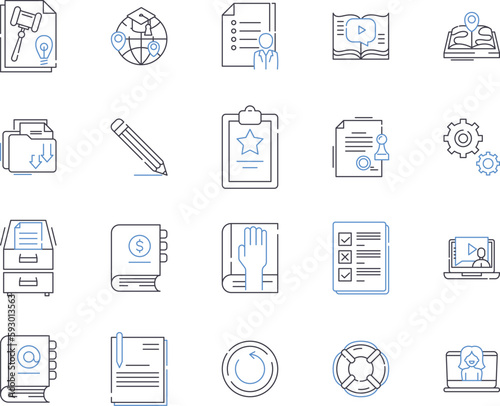 distance learning outline icons collection. Distance, Learning, Online, Education, Virtual, Course, Program vector and illustration concept set. Class, Web-based, eLearning linear signs