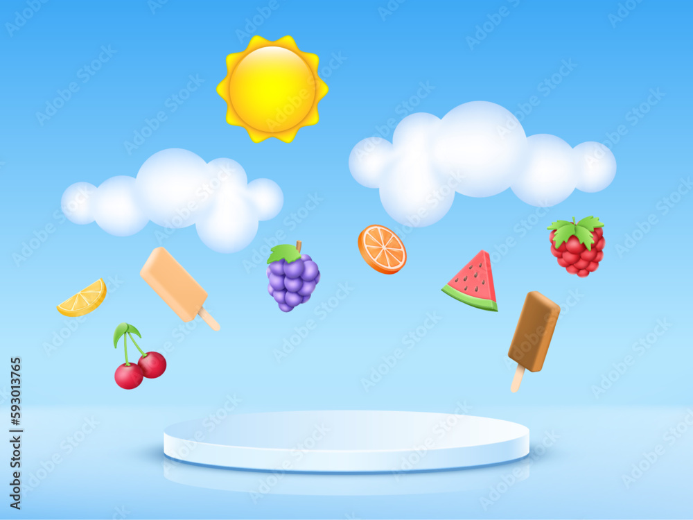 3d summer podium. Cute clouds, fruits and ice-cream, platform render, product presentation. Sun and watermelon, light show stage, geometric form, cute products. Vector abstract background 3d summer podium. Cute clouds, fruits and ice-cream, platform render, product presentation. Sun and watermelon, light show stage, geometric form, cute products. Vector abstract background