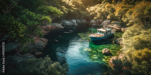 Boat moored in a cove with green forests all around aerial view, wallpaper, Generative Ai