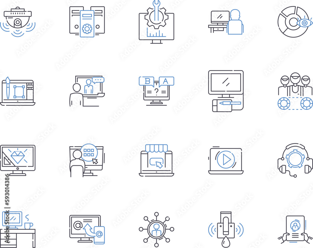 Media corporation outline icons collection. Media, Corporation, Publishing, News, Print, Digital, Network vector and illustration concept set. Broadcast, Content, Video linear signs
