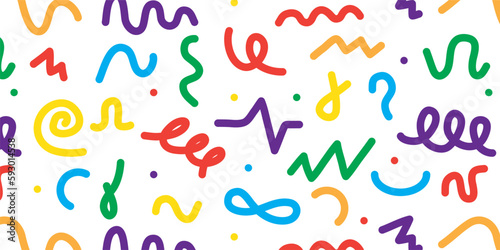 90s style kid squiggles, muster pattern. Fun color arts, child party design with confetti, doodle shapes. Funny drawings, cute childish wallpaper design. Vector seamless background