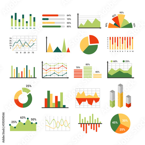 Infographic elements. Graph, chart and bar. Flat business presentation objects for financial statistics, marketing analytic, graphic diagram and market pie, money report vector trend set