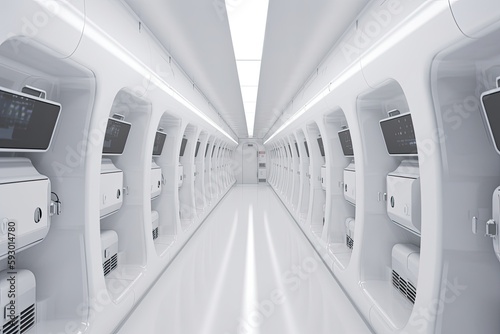An example of a hallway in a clone space cabin. Generative AI